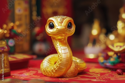 Golden Snake Figurine on Red Background photo