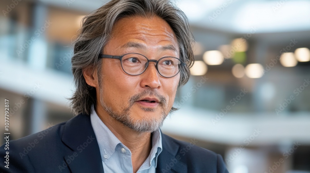 Fototapeta premium 近代的なオフィス環境で戦略を議論する日本人ビジネスマン