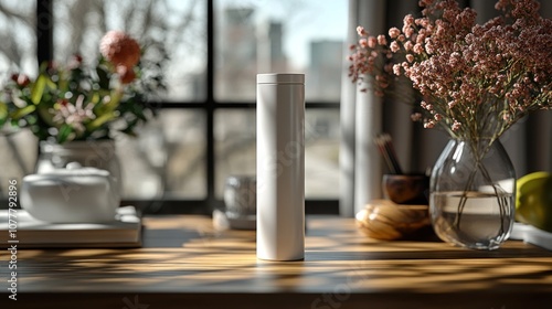 A sleek white object on a wooden table with flowers in the background.