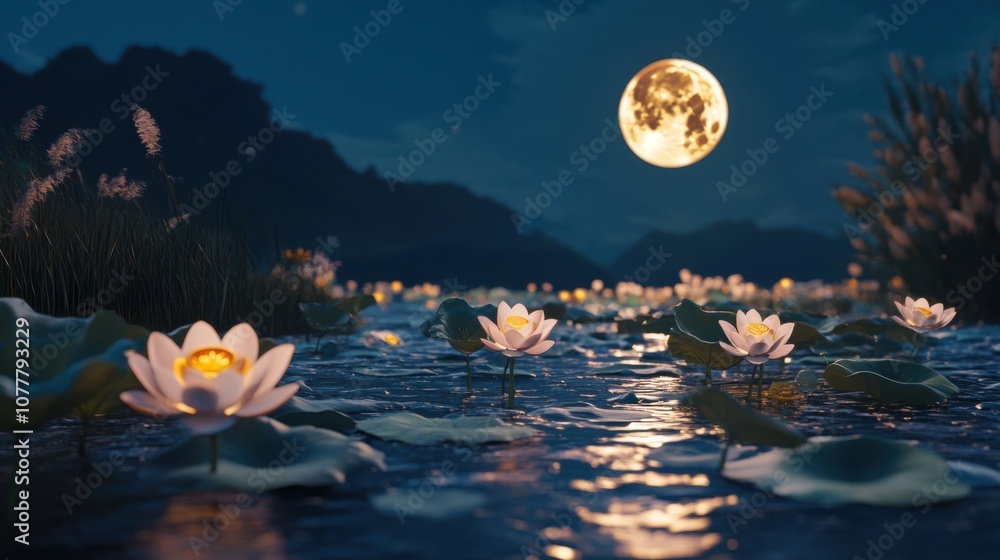 Moonlit Lotus River: A Dramatic 8K Realism Moonlit Lotus River: A Dramatic 8K Realism