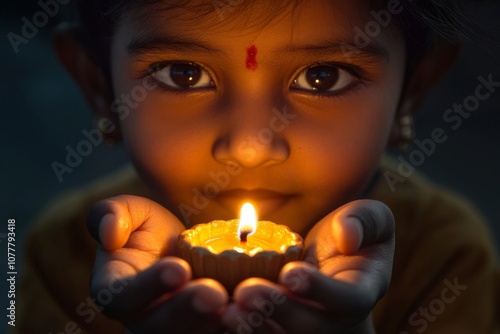 Wallpaper Mural Young Girl Holding a Lit Diya, Gaze Focused on the Flame Torontodigital.ca