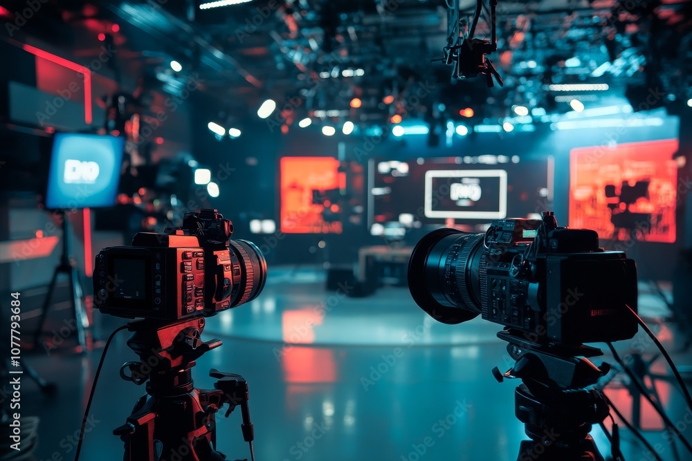Two professional video cameras on tripods in a studio setting. Two professional video cameras on tripods in a studio setting.