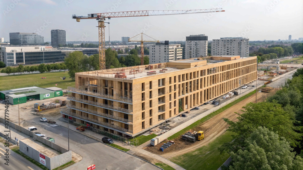 A building under construction.Mass Timber Construction in a Modern European City: Sustainable Building with Eco-Friendly Materials and Renewable Timber Panels A building under construction.Mass Timber Construction in a Modern European City: Sustainable Building with Eco-Friendly Materials and Renewable Timber Panels