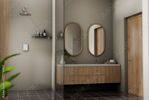 A modern, elegant bathroom features a minimalist wooden cabinet, a rain shower, and decor.