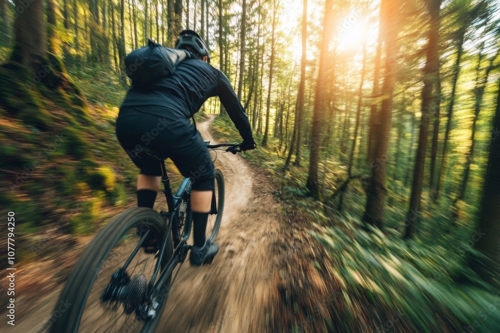 Cyclist speeding through a forest on a mountain bike Cyclist speeding through a forest on a mountain bike