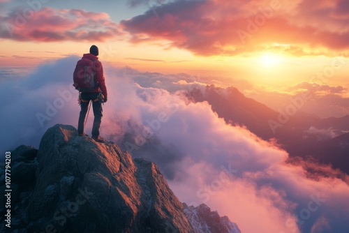 Climber on Mountain Peak at Sunset with Clouds