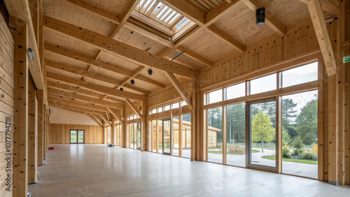 corridor in the building.Eco-Friendly Interior Design with Exposed Timber Beams in a Sustainable Mass Timber Structure in Europe