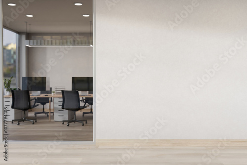 The interior design of a modern, minimalist office corridor features a blank white wall. photo