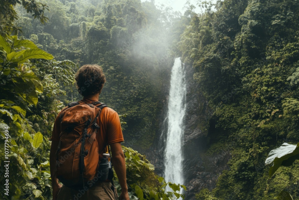 Backpacker Gazing at a Waterfall in a Lush Jungle Backpacker Gazing at a Waterfall in a Lush Jungle