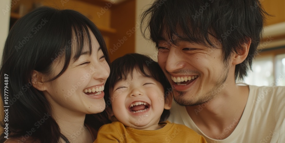 アジア人の両親と子供がキッチンで過ごす幸せな家族のひととき