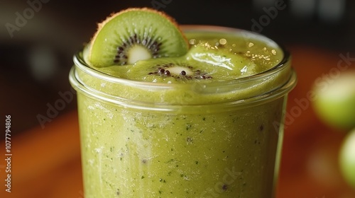 Green smoothie with kiwi slices in a glass jar on wooden background.