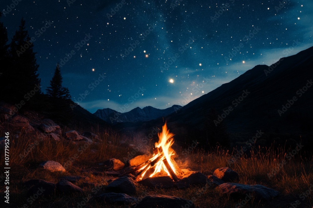Campfire Under a Starry Night Sky with Mountains in the Distance Campfire Under a Starry Night Sky with Mountains in the Distance