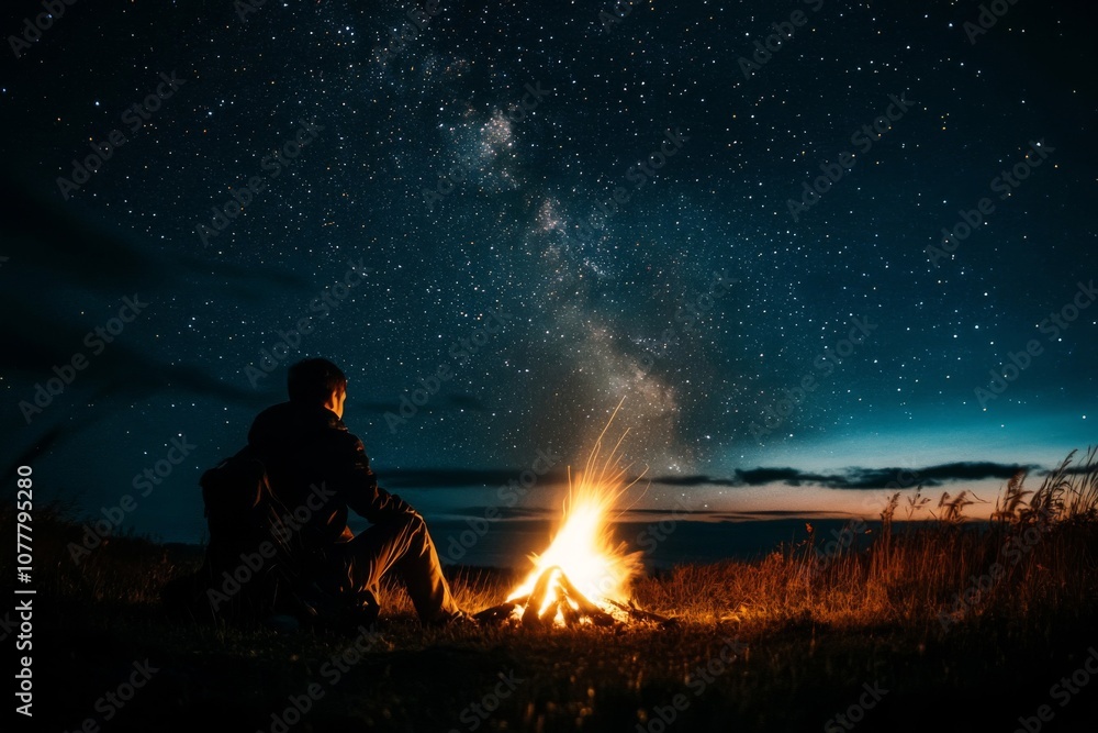 A lone figure sits by a campfire under a starry night sky. A lone figure sits by a campfire under a starry night sky.