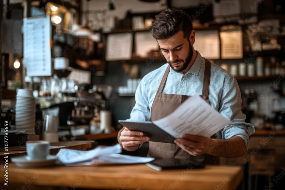 Barista Checking Orders on a Tablet and Paper Menu Barista Checking Orders on a Tablet and Paper Menu