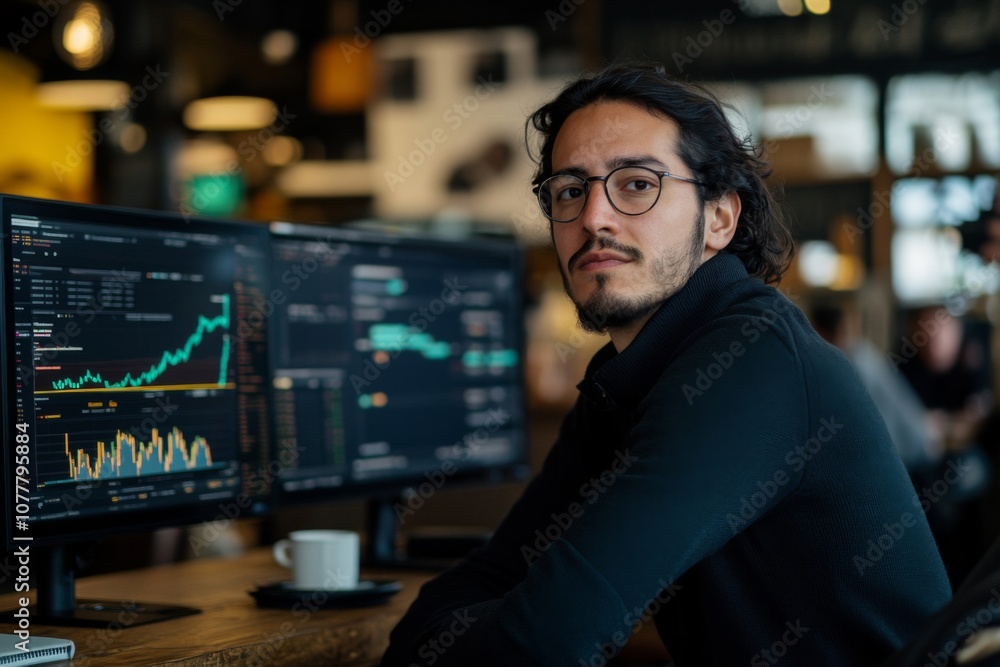 Man Looking at Computer Screen with Stock Market Data Man Looking at Computer Screen with Stock Market Data