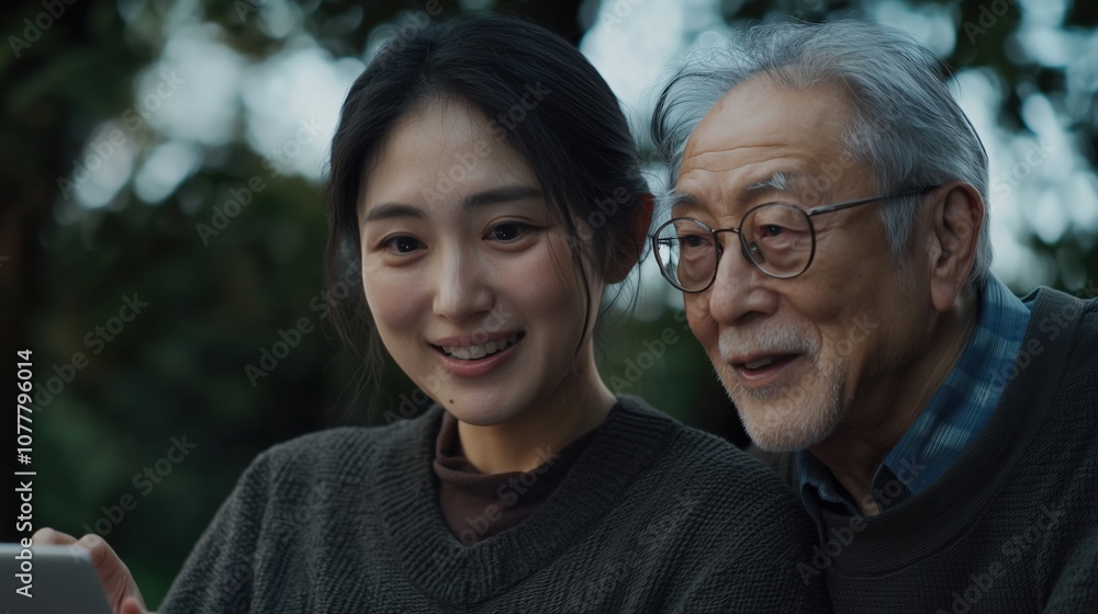 世代間の絆:静かな屋外の環境で年配の男性とコミュニケーションをとる日本人女性 世代間の絆:静かな屋外の環境で年配の男性とコミュニケーションをとる日本人女性