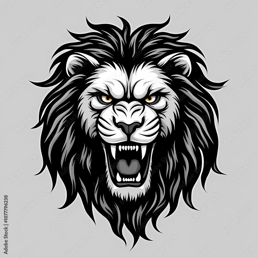 Obraz premium lion logo design with angry expression in black end white monochrome style