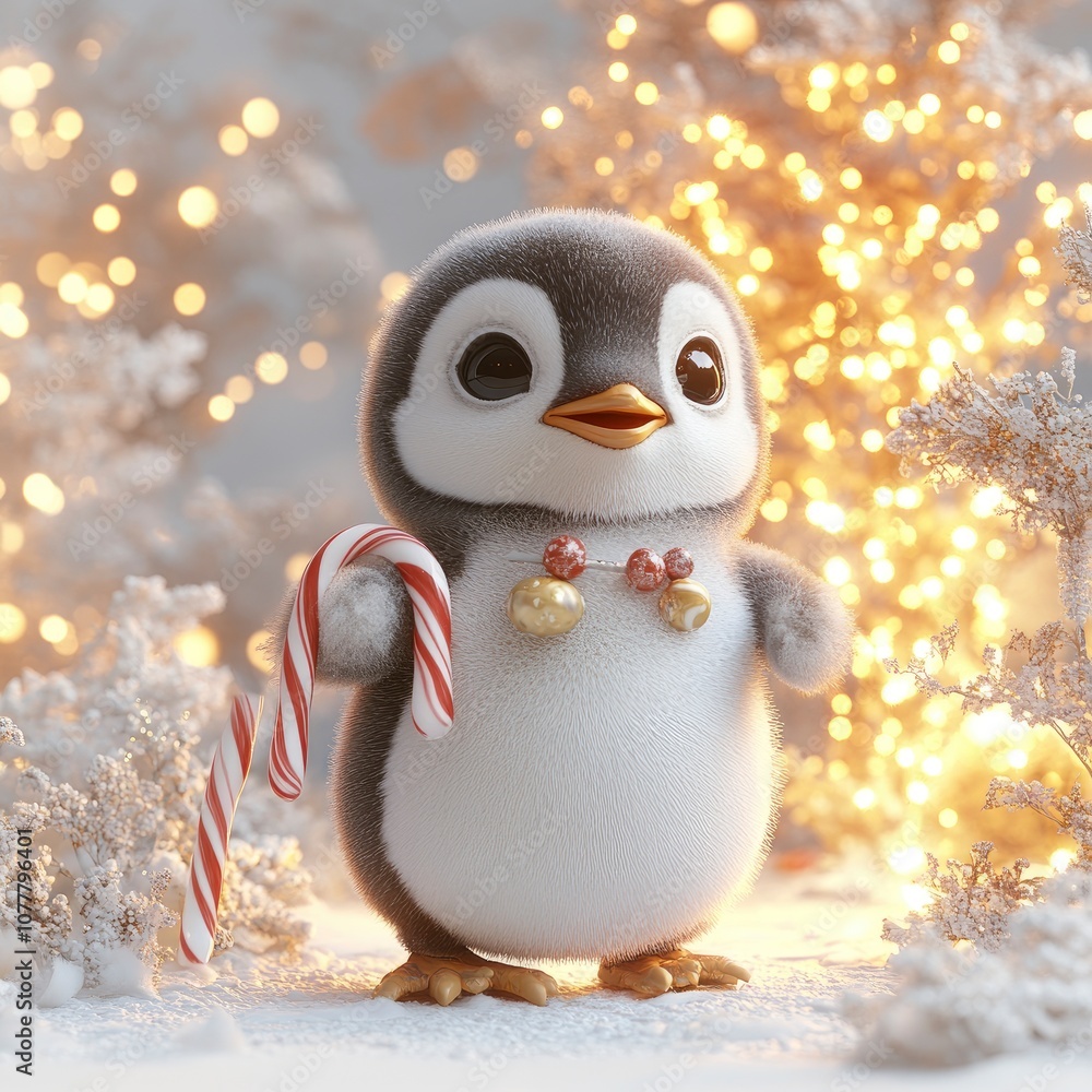 Obraz premium Cute Penguin Holding a Candy Cane in a Winter Wonderland