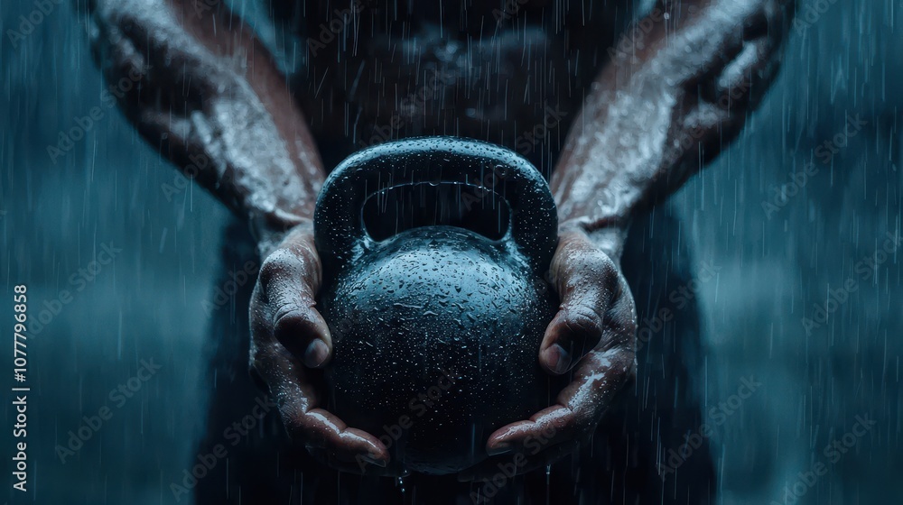 Fototapeta premium A close-up of strong hands holding a kettlebell amidst cascading rain, emphasizing strength and determination.
