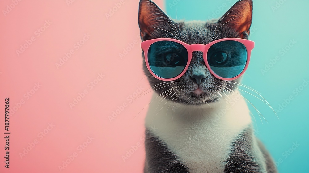 Vibrant and Stylish Cat Wearing Trendy Sunglasses on a Pastel Background Perfect for a Summer Sale or Promotional Concept with Space for Text Vibrant and Stylish Cat Wearing Trendy Sunglasses on a Pastel Background Perfect for a Summer Sale or Promotional Concept with Space for Text