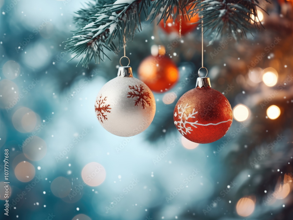Close-up of Christmas ornaments hanging on a snow. Soft focuse background Close-up of Christmas ornaments hanging on a snow. Soft focuse background