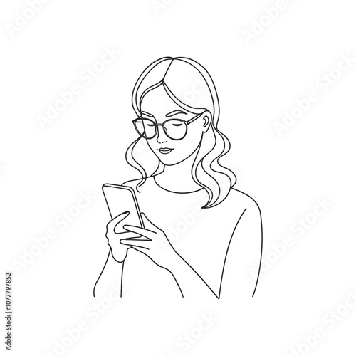  young woman wearing glasses intently gazes at his smartphone, absorbed in its screen doodle line art flat vector illustration.