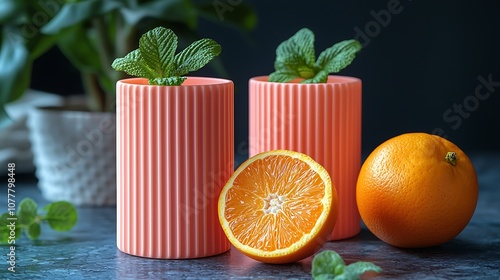 Two peachy containers topped with mint leaves, an orange half, and a whole orange sit against a dark background, highlighting freshness and vibrant colors. photo