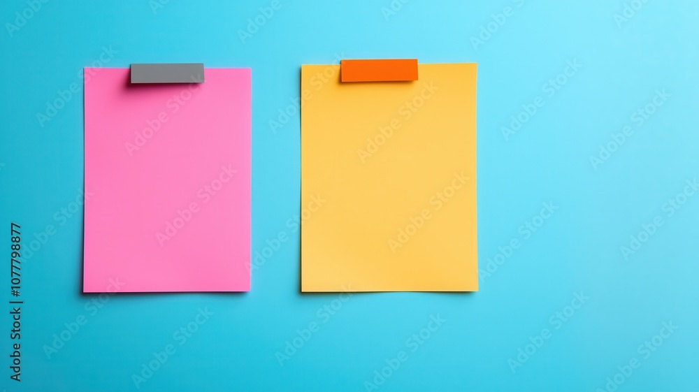 Colorful sticky notes in pink and yellow attached to a blue background, ideal for reminders and creative tasks. Colorful sticky notes in pink and yellow attached to a blue background, ideal for reminders and creative tasks.
