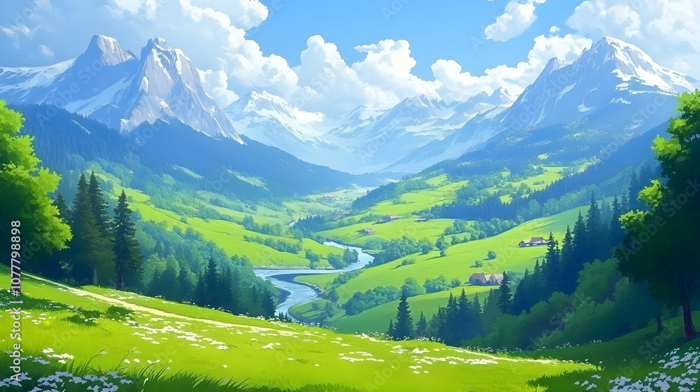 Fototapeta premium Mountain Valley Landscape Illustration