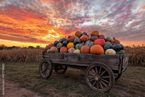 A Rustic Wagon Loaded with Pumpkins at Sunset