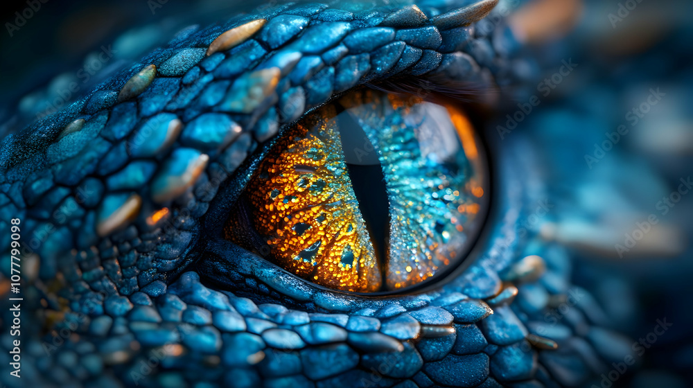 Obraz premium Close-up of a Blue and Gold Eye with Reptile Scales