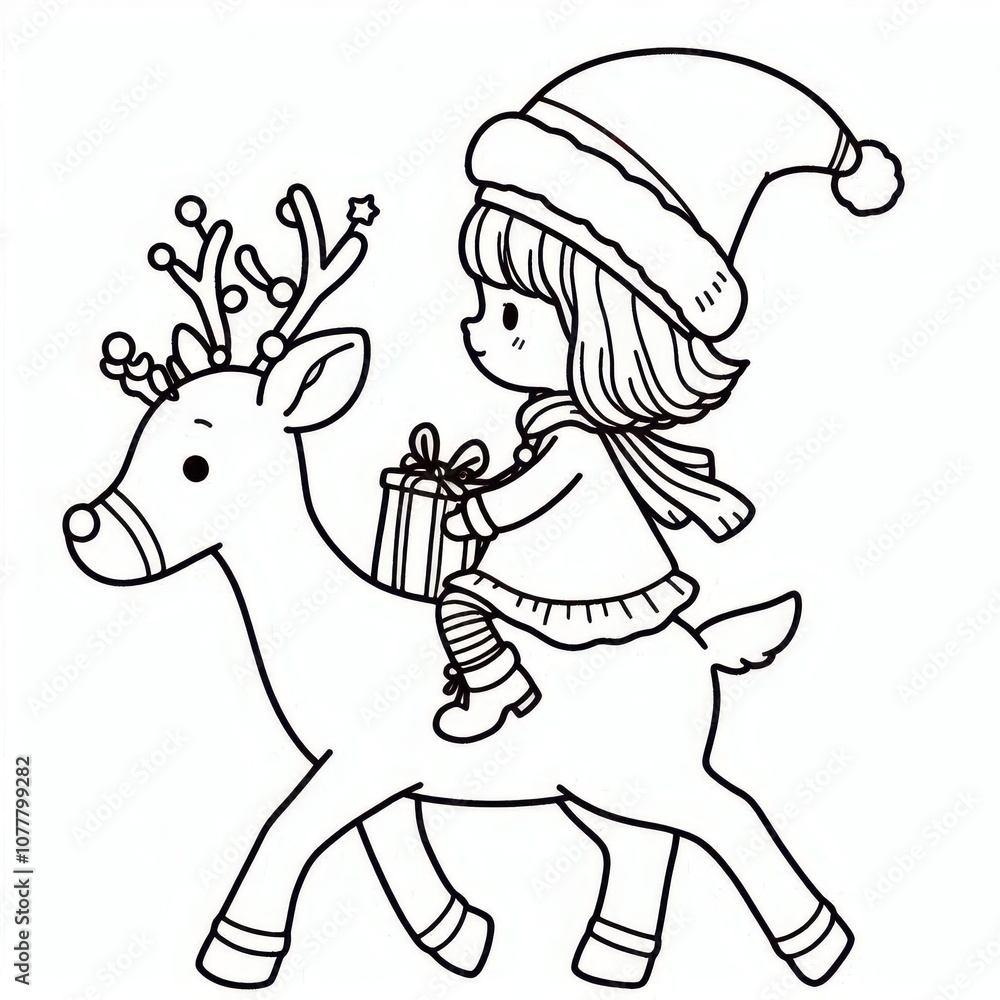 Fototapeta premium Blank coloring book illustration, a girl wearing a Christmas hat and riding a reindeer.