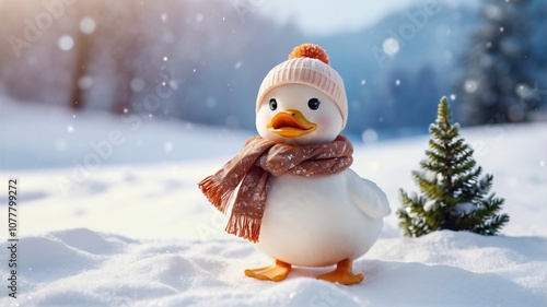 Adorable duck wearing a warm hat and scarf in snowy landscape. 