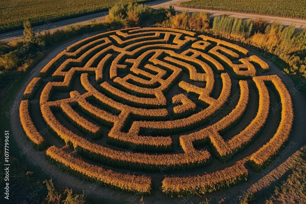 Aerial View of a Large Circular Corn Maze Aerial View of a Large Circular Corn Maze