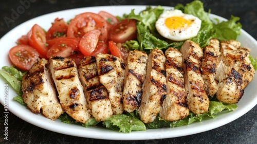 Grilled chicken breast salad with tomatoes and egg.