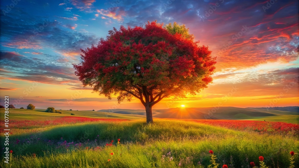 Fototapeta premium A Solitary Tree Silhouetted Against A Vibrant Sunset Over Rolling Hills And A Field Of Blossoms