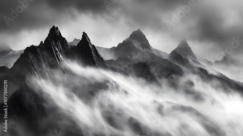 Misty Mountain Peaks in Black and White photo