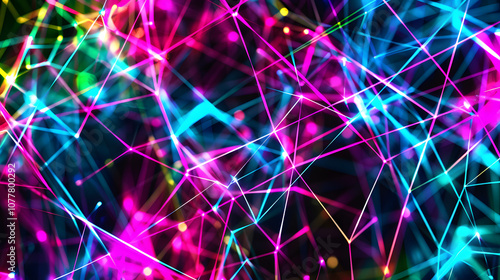 A colorful image of lines and dots that appear to be connected in a web-like pattern. 