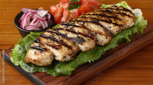 Grilled chicken breast on a bed of lettuce with a side of diced tomatoes and red onion.