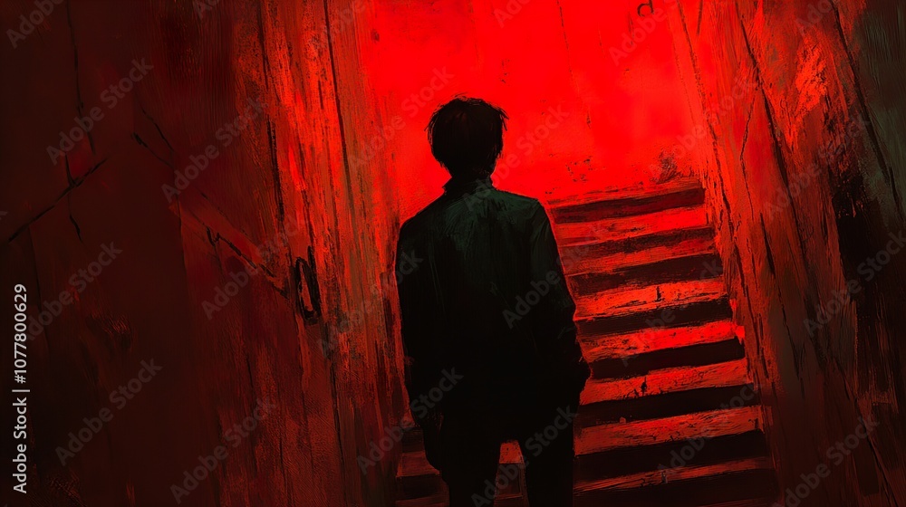 Silhouette of a Person Ascending a Dark Staircase in a Red-Lit Hallway Silhouette of a Person Ascending a Dark Staircase in a Red-Lit Hallway