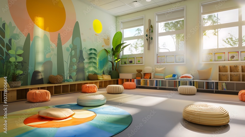 A school environment with calming visual aids and breathing exercises, helping students manage stress and maintain mental well-being. A school environment with calming visual aids and breathing exercises, helping students manage stress and maintain mental well-being.