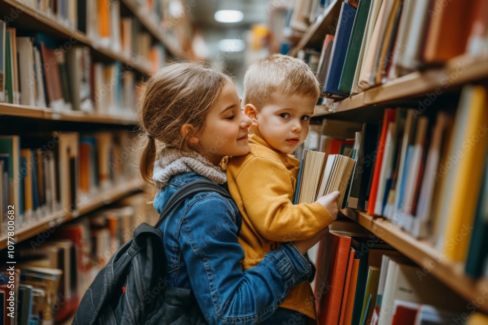 A young girl in a denim jacket holds a young boy in a yellow sweater while they browse books in a library. A young girl in a denim jacket holds a young boy in a yellow sweater while they browse books in a library.