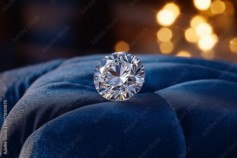 A close-up of a flawless diamond resting on a velvet cushion, sparkling under soft light A close-up of a flawless diamond resting on a velvet cushion, sparkling under soft light