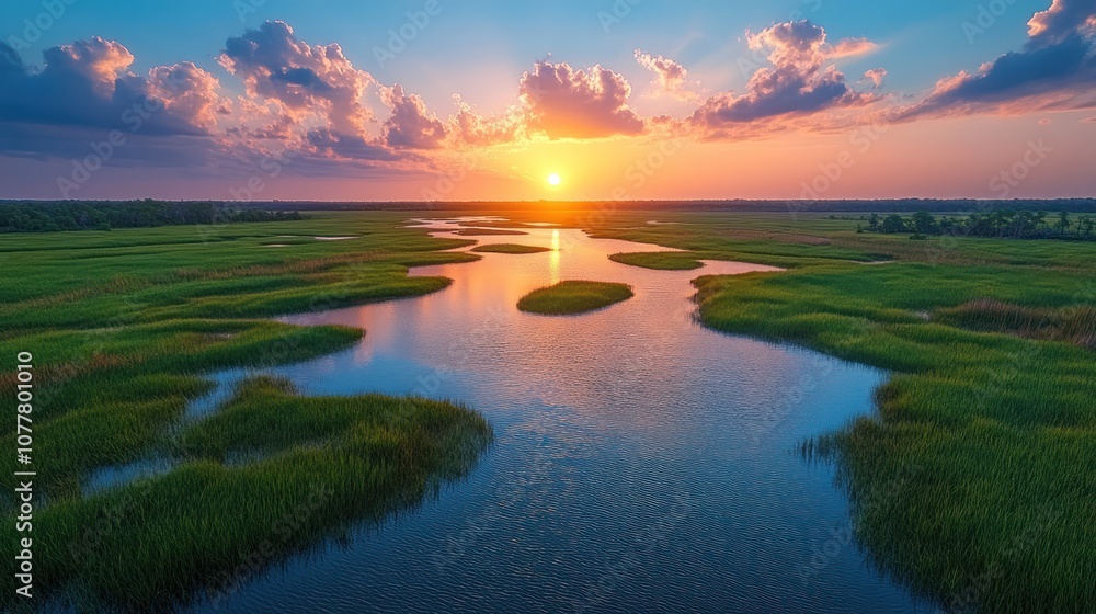 Serene sunset over a lush wetland landscape. Serene sunset over a lush wetland landscape.