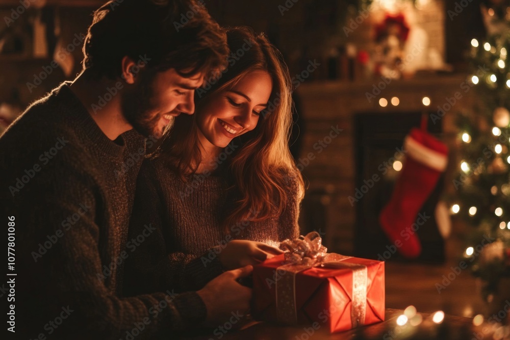 A Couple Exchanging a Gift By a Christmas Tree A Couple Exchanging a Gift By a Christmas Tree
