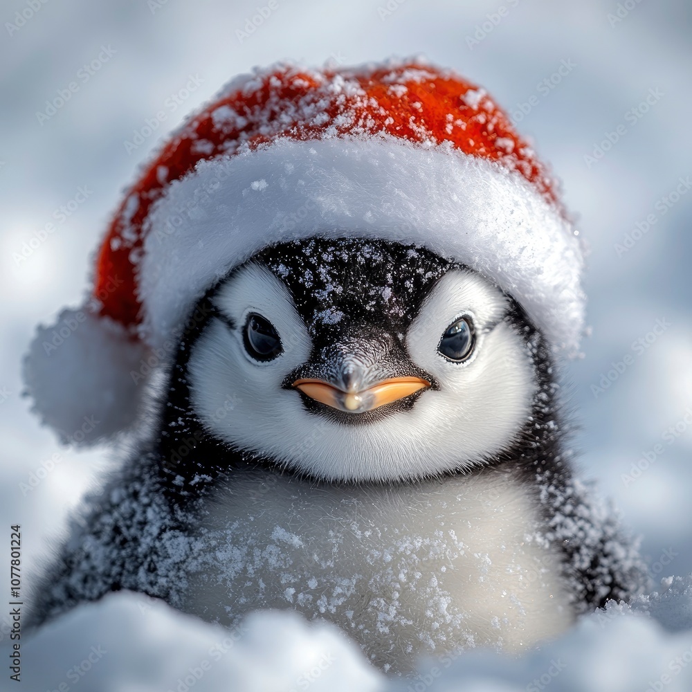 Adorable Penguin Chick Wearing a Santa Hat in the Snow Adorable Penguin Chick Wearing a Santa Hat in the Snow