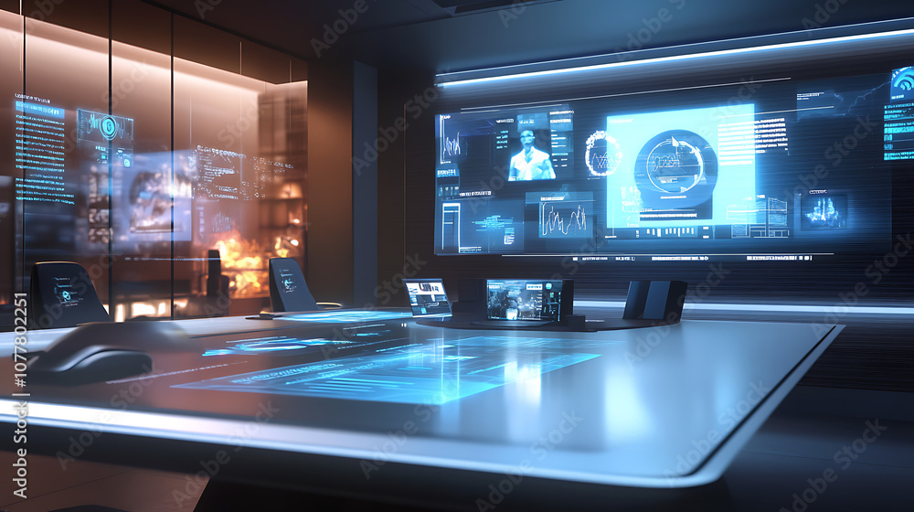 A futuristic remote work setting with holographic displays projected from a sleek desk, showing online meeting participants and virtual data graphs, all in a high-tech environment. No depth A futuristic remote work setting with holographic displays projected from a sleek desk, showing online meeting participants and virtual data graphs, all in a high-tech environment. No depth