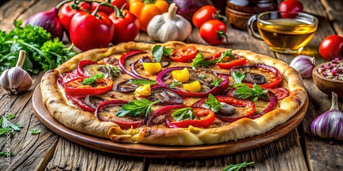 Aromatic Pizza Topped with Red Onion, Bell Peppers, and Fresh Herbs on a Rustic Wooden Table