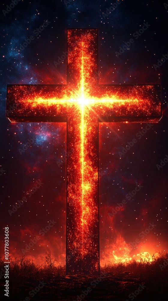 Fiery Cross Illuminated Against Cosmic Night Sky with Vibrant Stars and Galaxies Inspiring Spirituality and Faith in this Powerful Religious Symbolic Image Fiery Cross Illuminated Against Cosmic Night Sky with Vibrant Stars and Galaxies Inspiring Spirituality and Faith in this Powerful Religious Symbolic Image