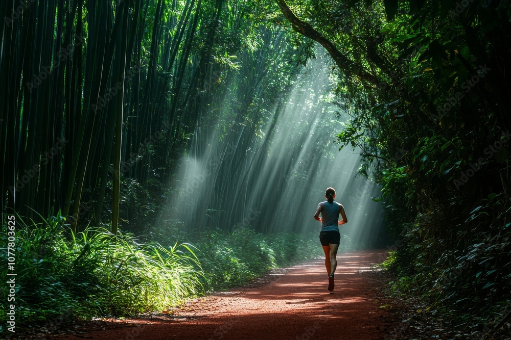 Woman Running Through Sunbeams in a Bamboo Forest Woman Running Through Sunbeams in a Bamboo Forest